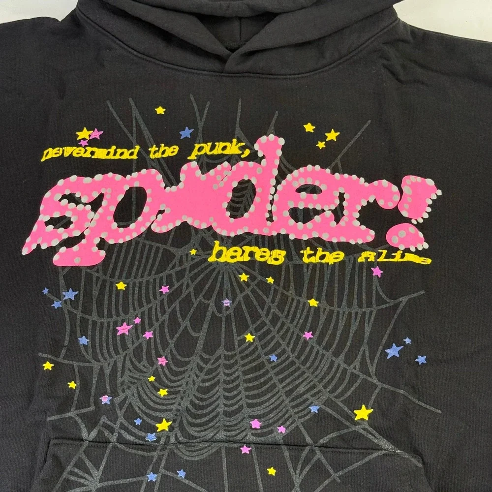 Sp5der Worldwide Nevermind the Punk Hoodie Black Pink Puff Print Large